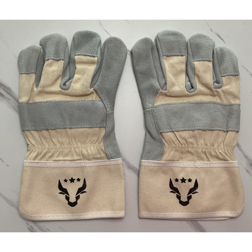 Mens Heavy Duty Split Leather Work Gloves Canvas Safety Cuff Gray Cream